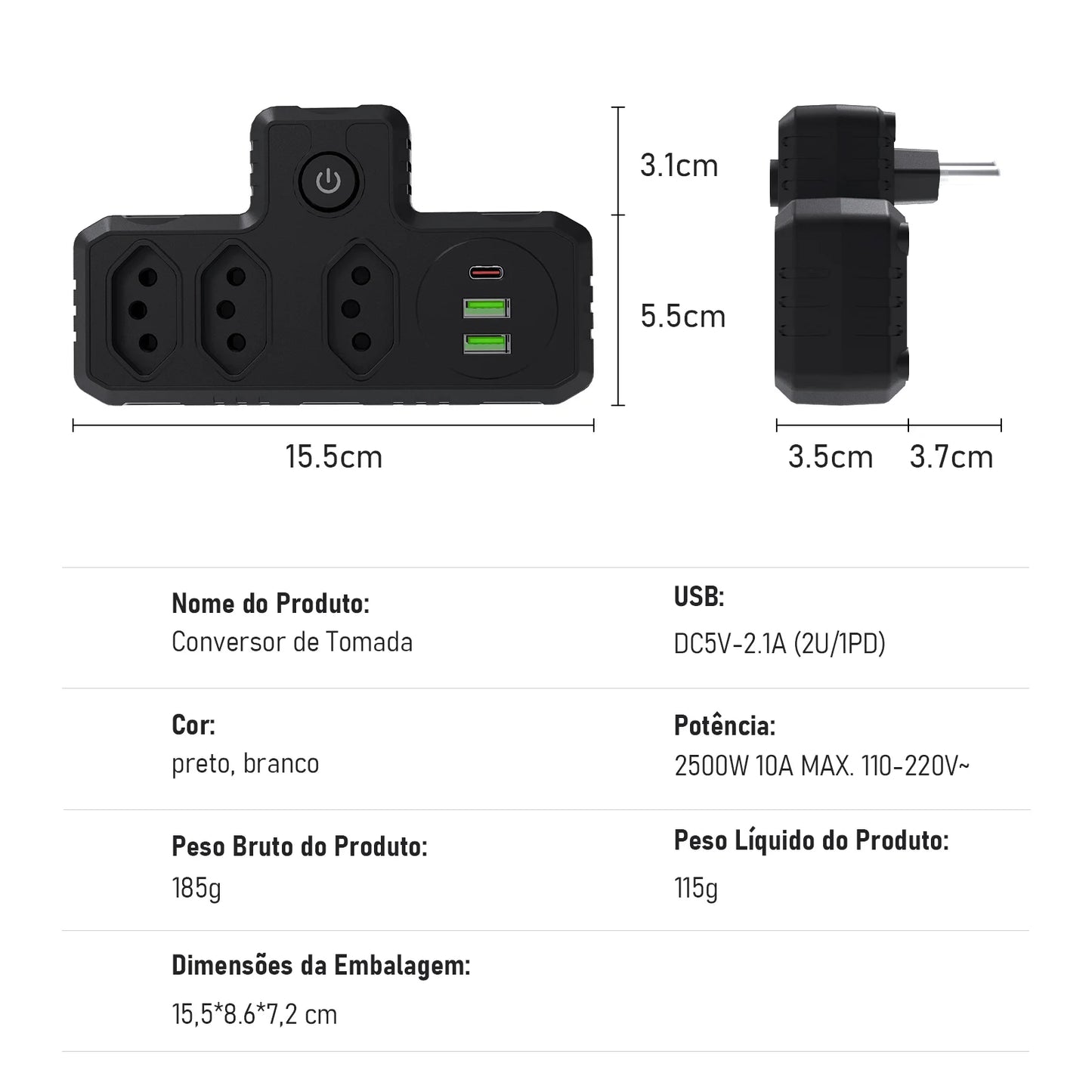 Tomada Adaptadora Converter , 2 portas USB , 1 Tipo C